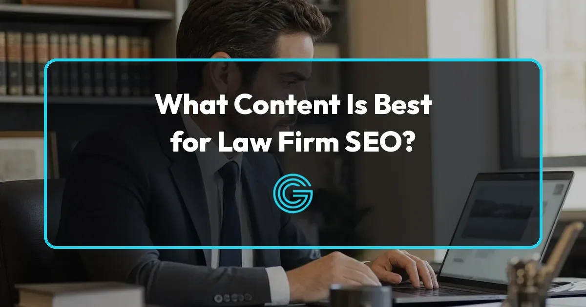 What content is best for law firm SEO: a lawyer working on a law firm website on a laptop in a law office