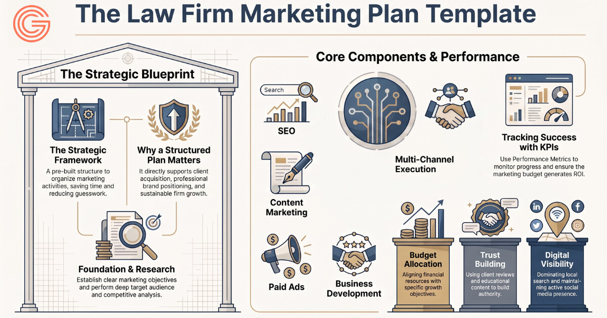 Infographic showing the strategic blueprint and core components of a law firm marketing plan template