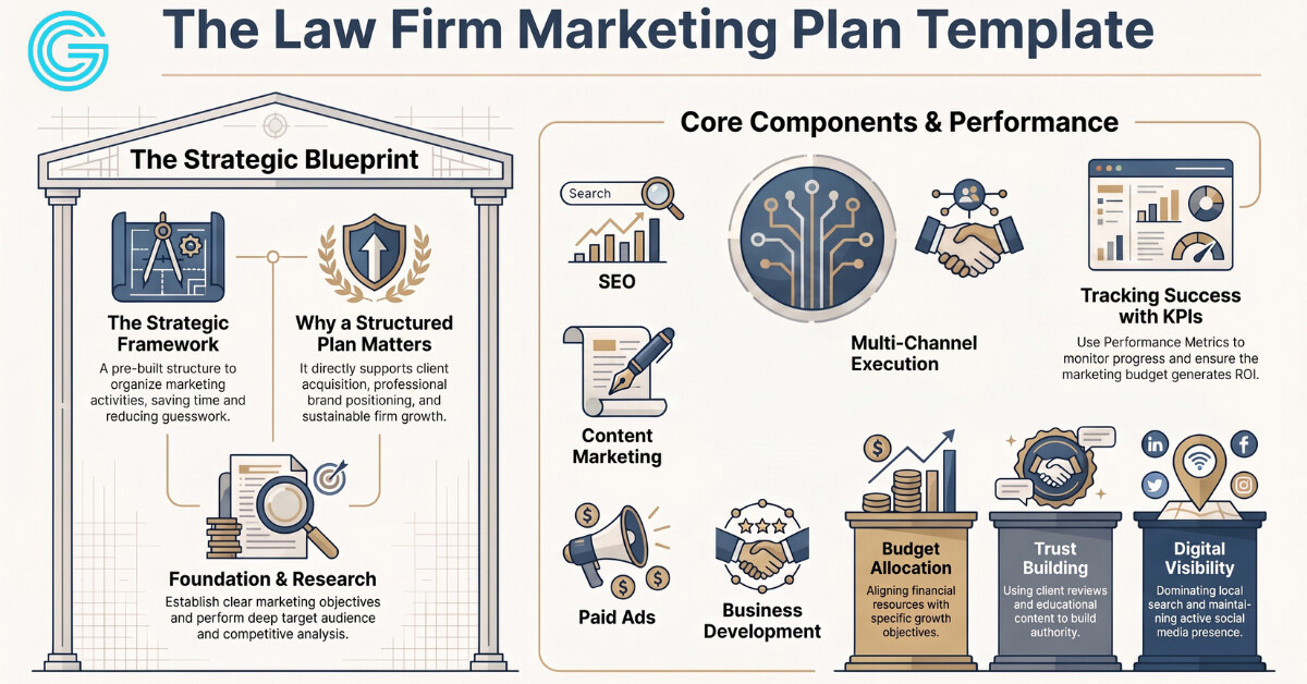 Infographic showing the strategic blueprint and core components of a law firm marketing plan template