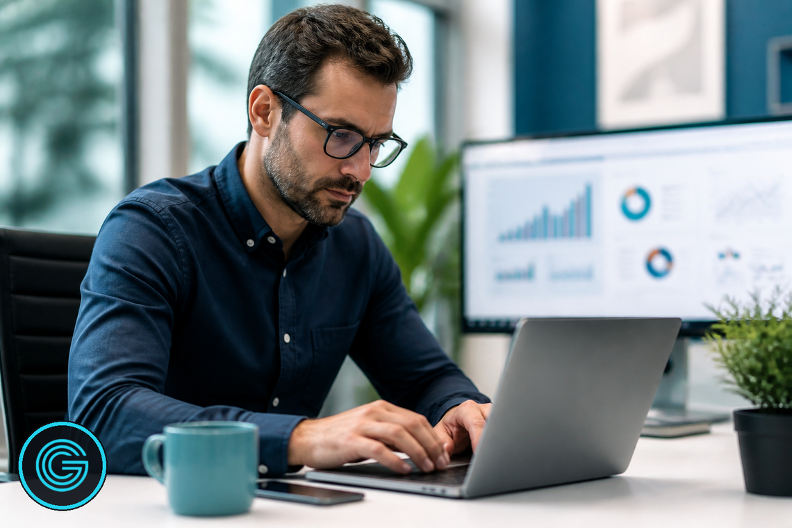 Attorney planning a law firm content strategy and researching keywords on a laptop