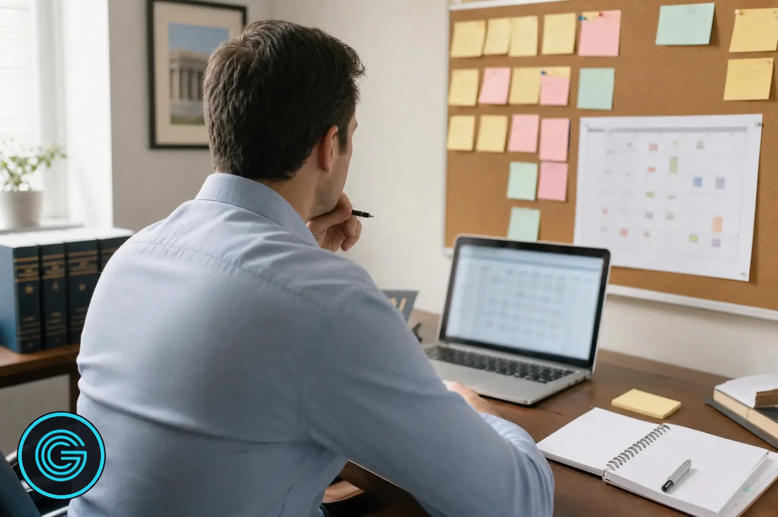 Keyword research and content planning for attorneys A legal marketing professional planning keyword research and content topics for a law firm with a printed content calendar and sticky notes