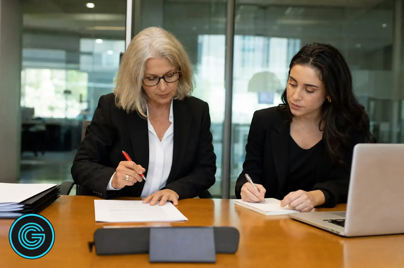 Editorial review and legal accuracy checks for law firm content A senior attorney reviewing a printed legal article draft with a red pen while an associate takes notes, checking it for legal accuracy