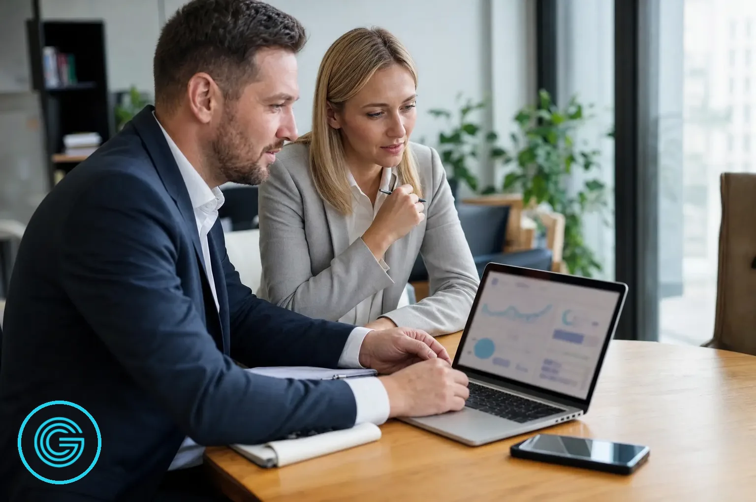 Measuring content marketing and SEO results for a law firm Two law firm staff members reviewing a website analytics dashboard on a laptop to connect organic traffic with qualified inquiries