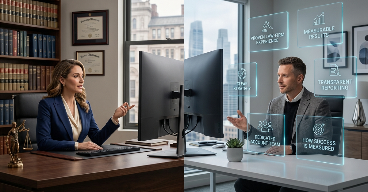 A law firm asking a legal marketing agency the right questions before hiring, with a marketing strategist answering