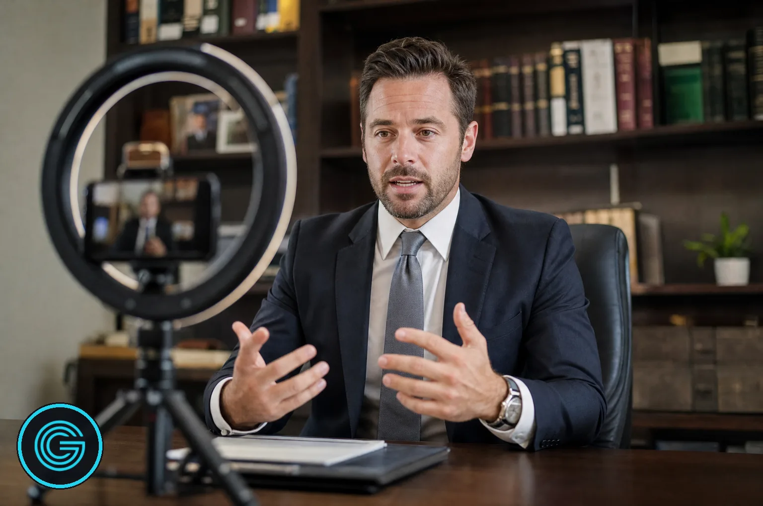 Attorney-led video content for law firm social media An attorney recording a short educational video for social media in a law office with a smartphone on a tripod and a ring light