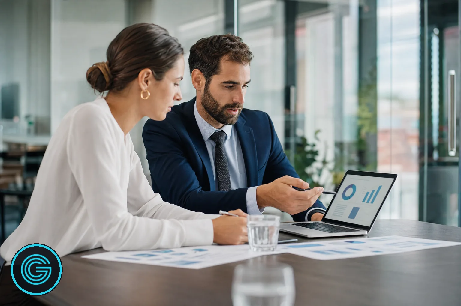 Measuring the business impact of law firm social media marketing Two law firm marketing professionals reviewing a social media analytics dashboard on a laptop to measure qualified inquiries and signed clients