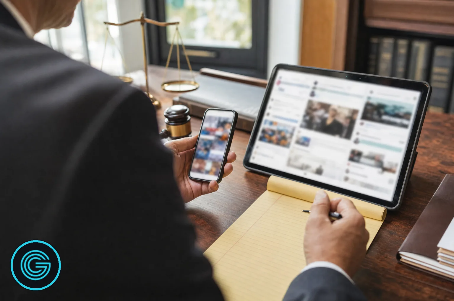 Planning law firm social media content around ideal clients A lawyer at a desk reviewing law firm social media feeds on a smartphone and tablet while planning content on a legal pad