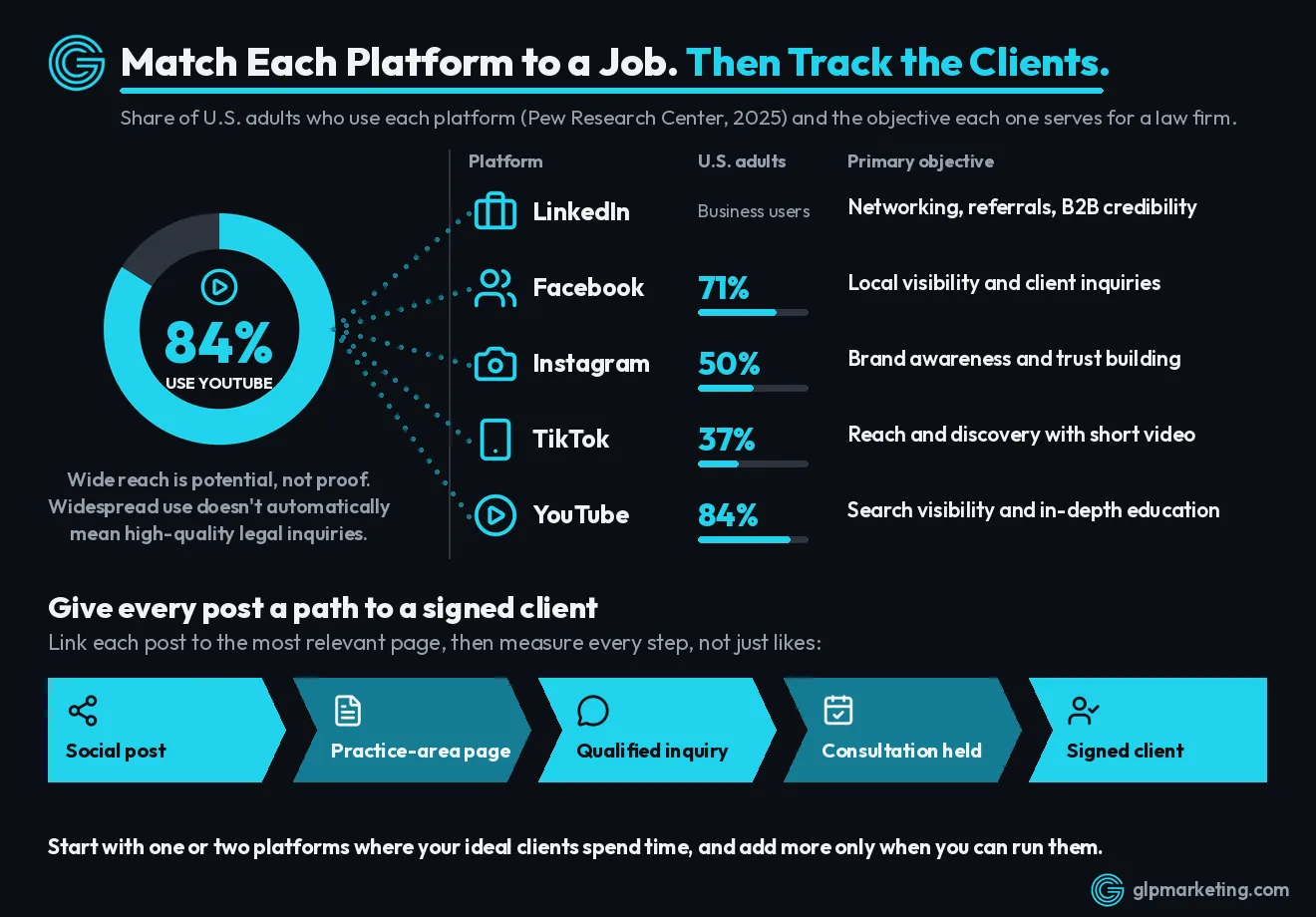 Social media platforms for law firms and the path to a signed client Infographic matching social media platforms to law firm goals: Pew Research 2025 shows 84% of U.S. adults use YouTube, 71% Facebook, 50% Instagram and 37% TikTok, plus the path from social post to signed client