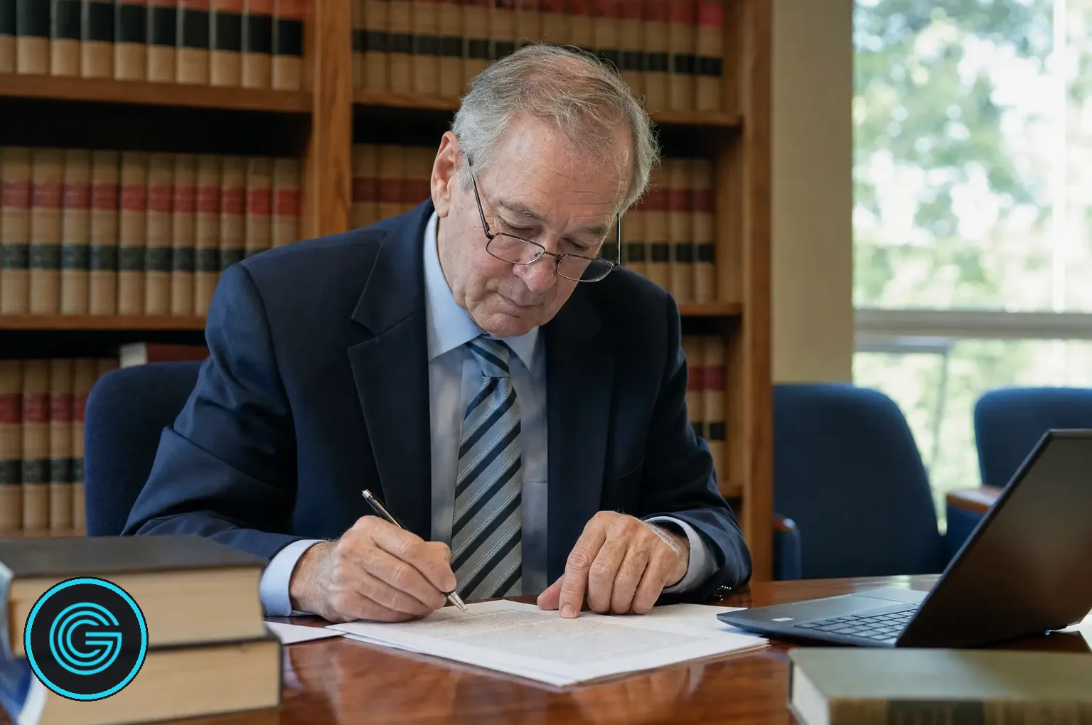 Attorney-reviewed legal content builds trust A senior attorney reviewing and marking up a printed legal article draft at a conference table