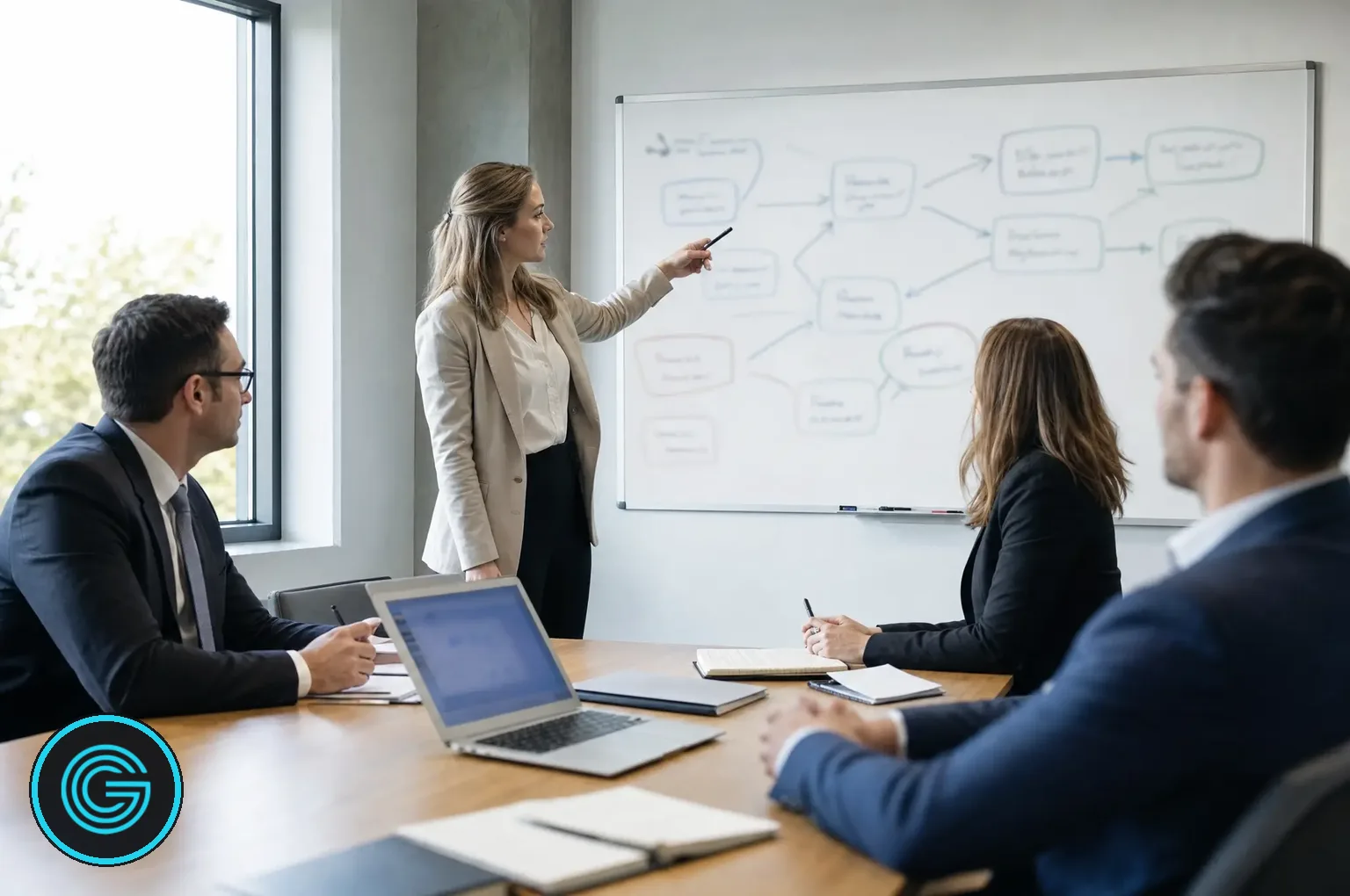 Planning a law firm SEO content strategy A law firm team planning an SEO content strategy with topic clusters sketched on a whiteboard